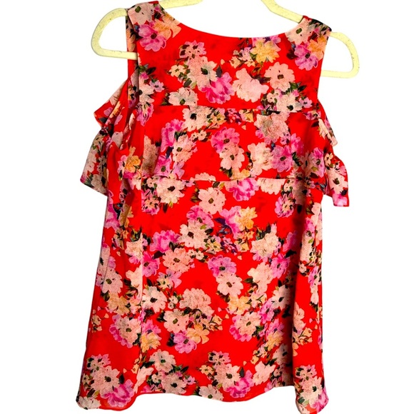 Cabi Floral Print Orange Lush Cold Shoulder Top Ruffled Size S Lined Pullover - Picture 4 of 8